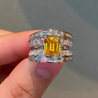 Emerald-Cut Lab-Grown Yellow Sapphire Ring | Moissanite Accents | 925 Sterling Silver Platinum Plated | BOCOS JEWELRY