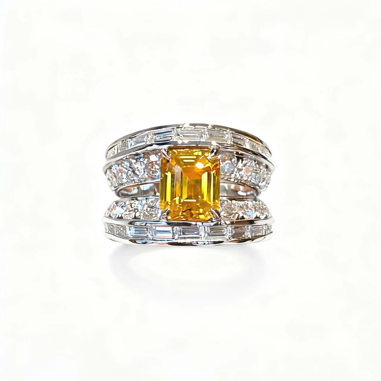 Emerald-Cut Lab-Grown Yellow Sapphire Ring | Moissanite Accents | 925 Sterling Silver Platinum Plated | BOCOS JEWELRY