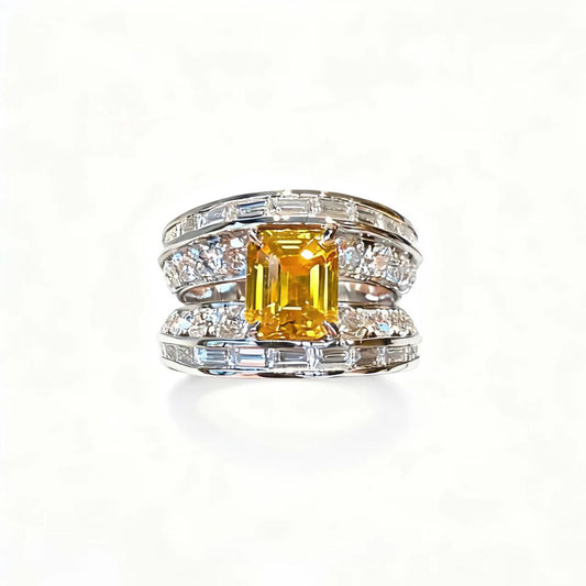 Emerald-Cut Lab-Grown Yellow Sapphire Ring | Moissanite Accents | 925 Sterling Silver Platinum Plated | BOCOS JEWELRY