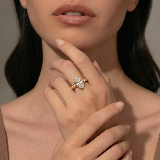 Cubic Zirconia Marquise Ring - 14x7mm Yellow Gold Plated 925 Silver 