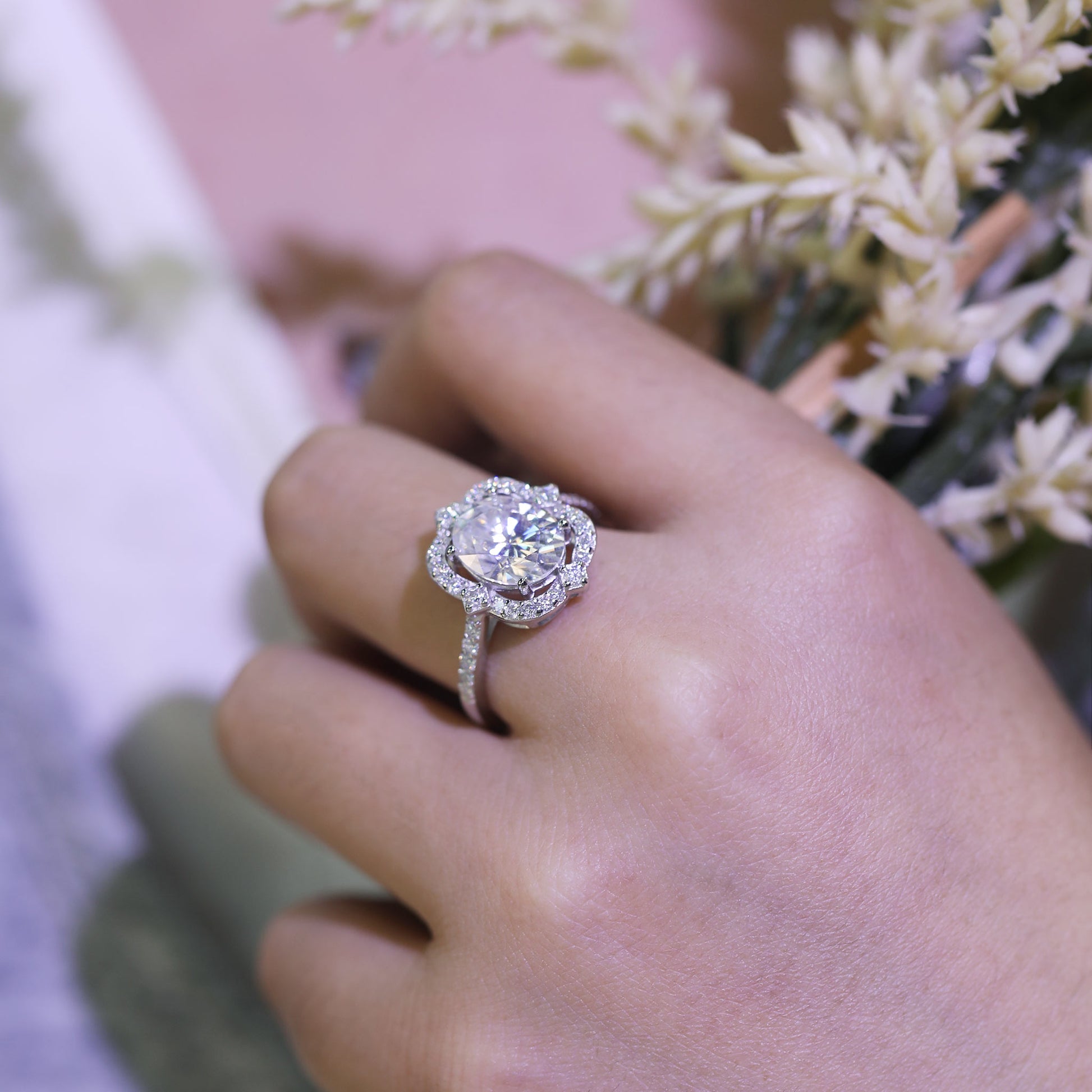 3ct Oval Cut Moissanite Engagement Ring – 925 Sterling Silver Oval Halo Bridal Ring for Women