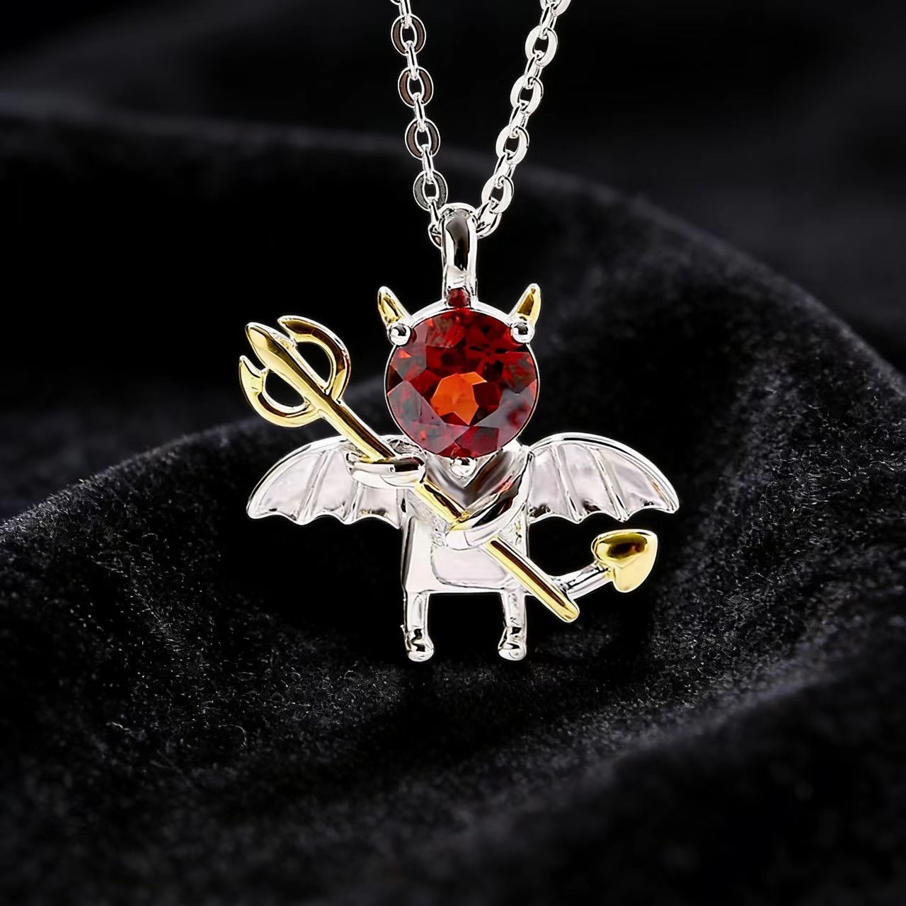 Cute Little Devil Pendant Necklace - 925 Sterling Silver (Round - Cut Lab - Grown Ruby) - BOCOS JEWELRY - bocosjewelry