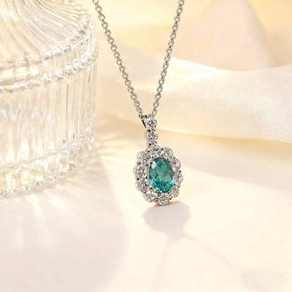 2.2ct Oval Cut Lab-Grown Paraiba Tourmaline Halo Pendant Necklace | 925 Sterling Silver 18K Gold Plated Statement Necklace