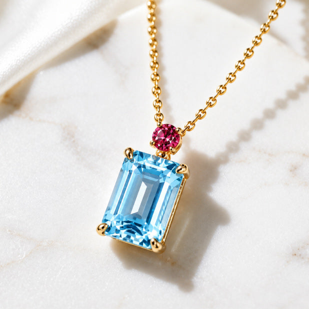 BOCOS Anniversary Exclusive: Lab-Grown Aquamarine Sapphire Pendant - Emerald Cut (Solid 10K-18K Gold)