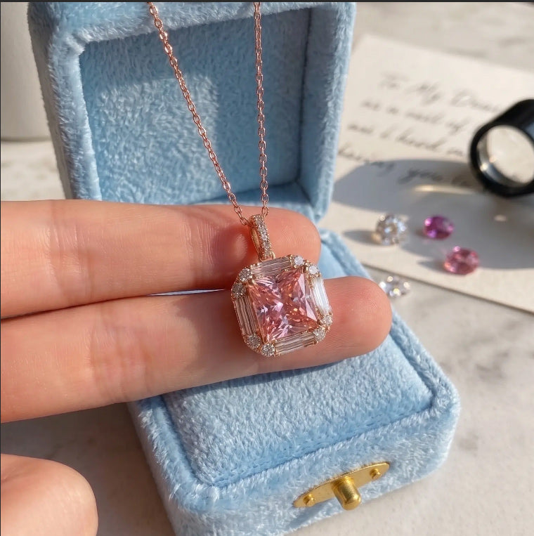 Pink Diamond Pendant - Princess Cut Halo Necklace