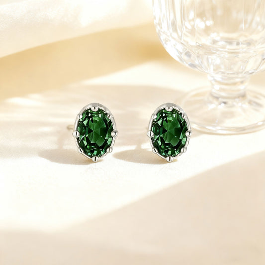Oval Cut Green Gemstone Stud Earrings - 925 Sterling Silver - BOCOS JEWELRY - bocosjewelry
