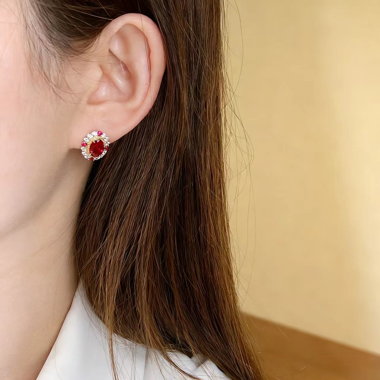 Ruby Stud Earrings Gold - Vintage Milgrain Ruby Halo Earrings