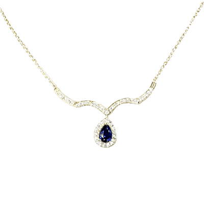 Gold Sapphire Necklace - Pear Shaped Sapphire Chevron Pendant
