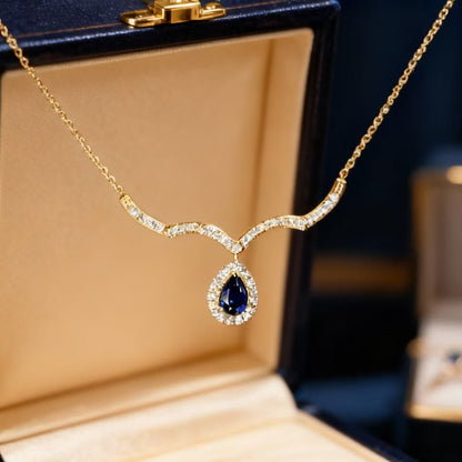 Gold Sapphire Necklace - Pear Shaped Sapphire Chevron Pendant