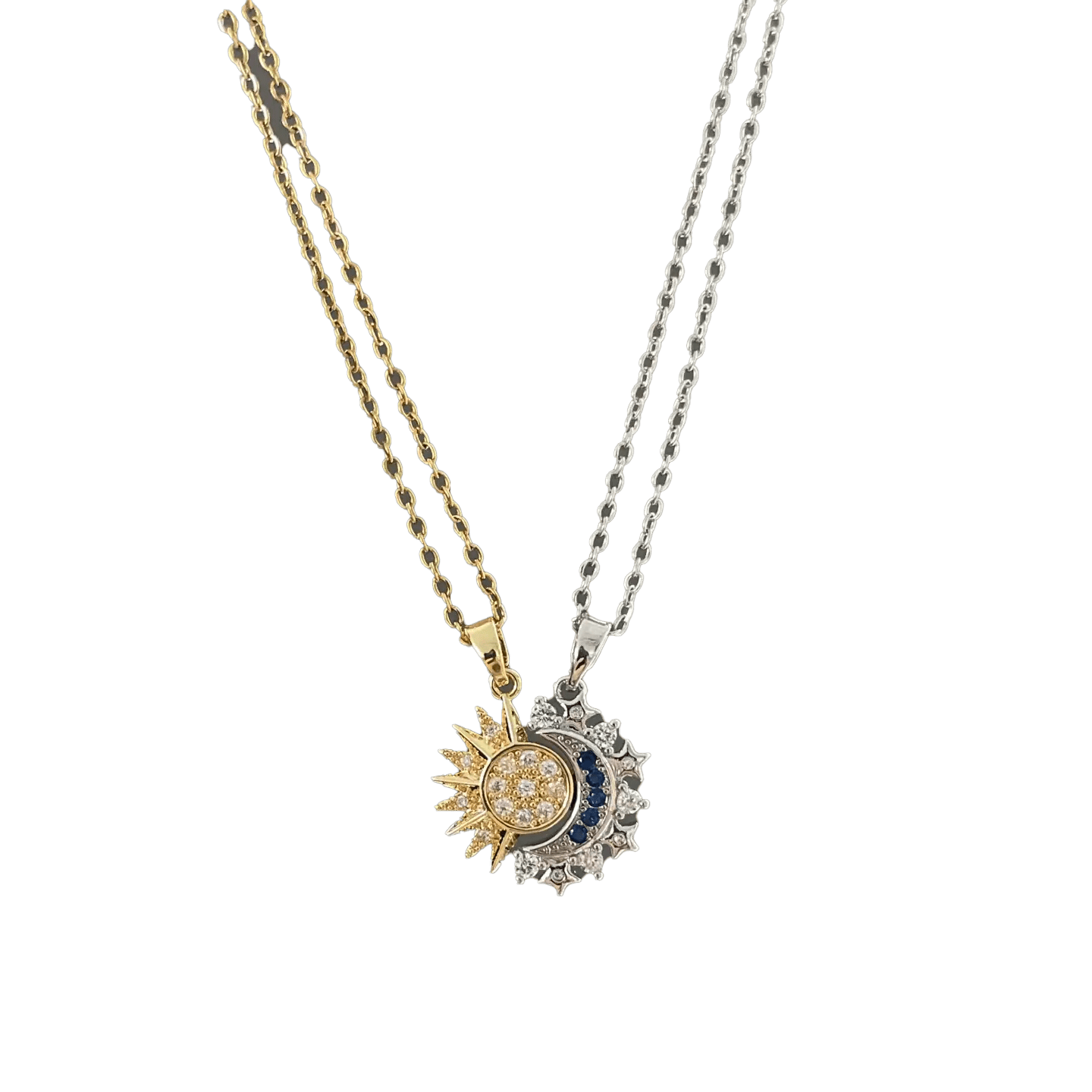 Sun & Moon Split Pendant Necklace Set - S925 Sterling Silver (Moissanite Inlaid) - BOCOS JEWELRY - bocosjewelry