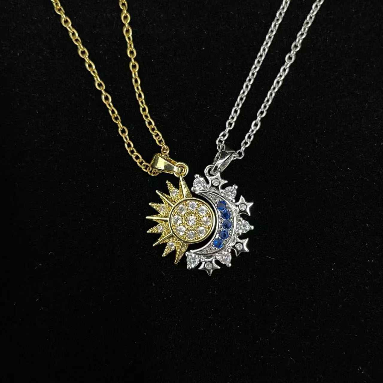 Sun & Moon Split Pendant Necklace Set - S925 Sterling Silver (Moissanite Inlaid) - BOCOS JEWELRY - bocosjewelry