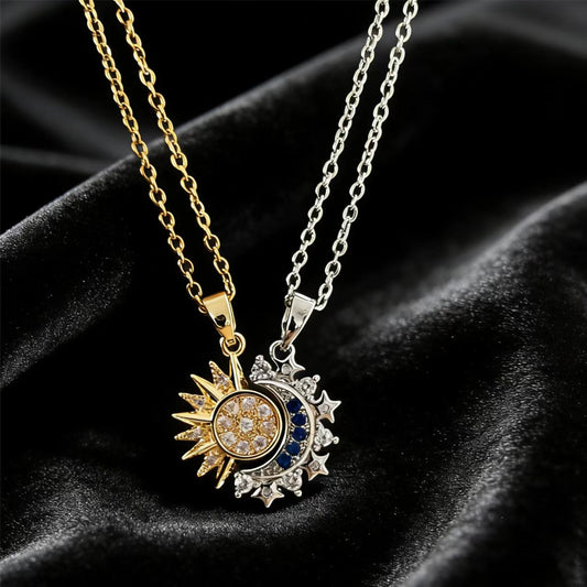 Sun & Moon Split Pendant Necklace Set - S925 Sterling Silver (Moissanite Inlaid) - BOCOS JEWELRY - bocosjewelry