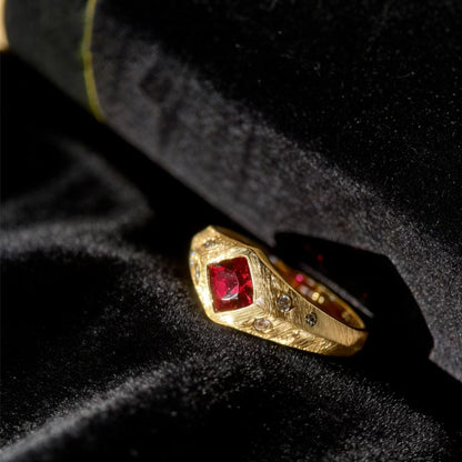 Textured Geometric Ring - 18k Yellow Gold (Princess - Cut Lab - Grown Ruby & Round - Cut Moissanite) - BOCOS JEWELRY - bocosjewelry