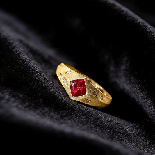 Textured Geometric Ring - 18k Yellow Gold (Princess - Cut Lab - Grown Ruby & Round - Cut Moissanite) - BOCOS JEWELRY - bocosjewelry